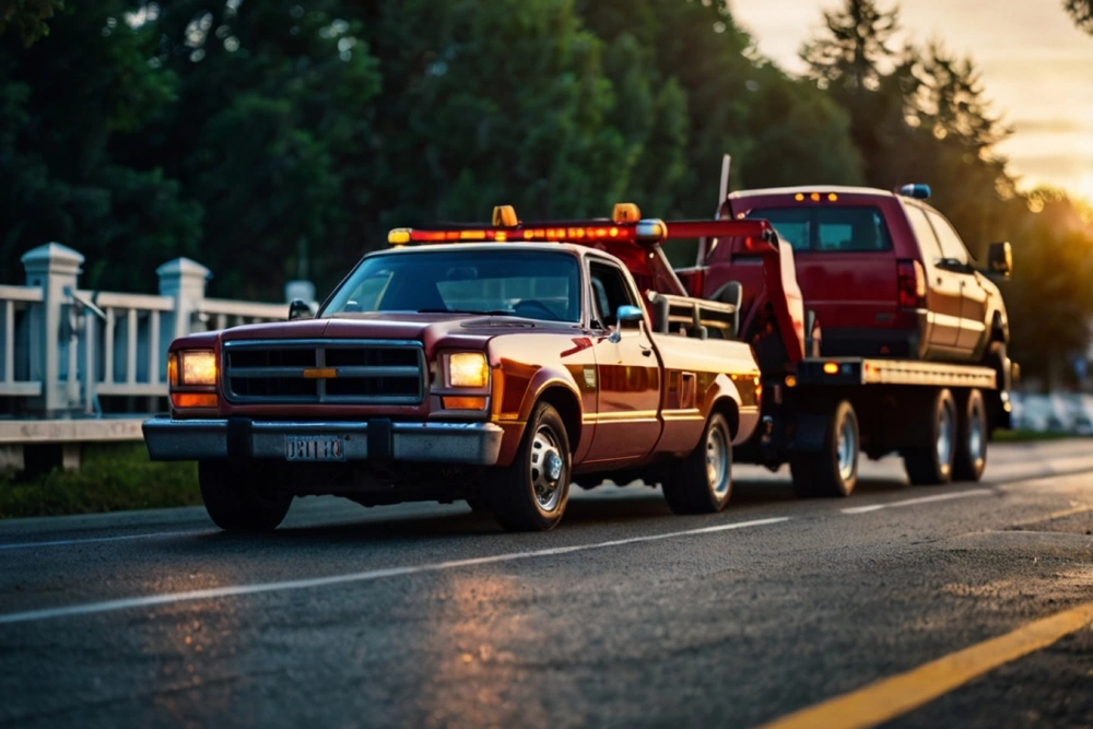 Tow trucks on the road in the evening. Traffic accident.